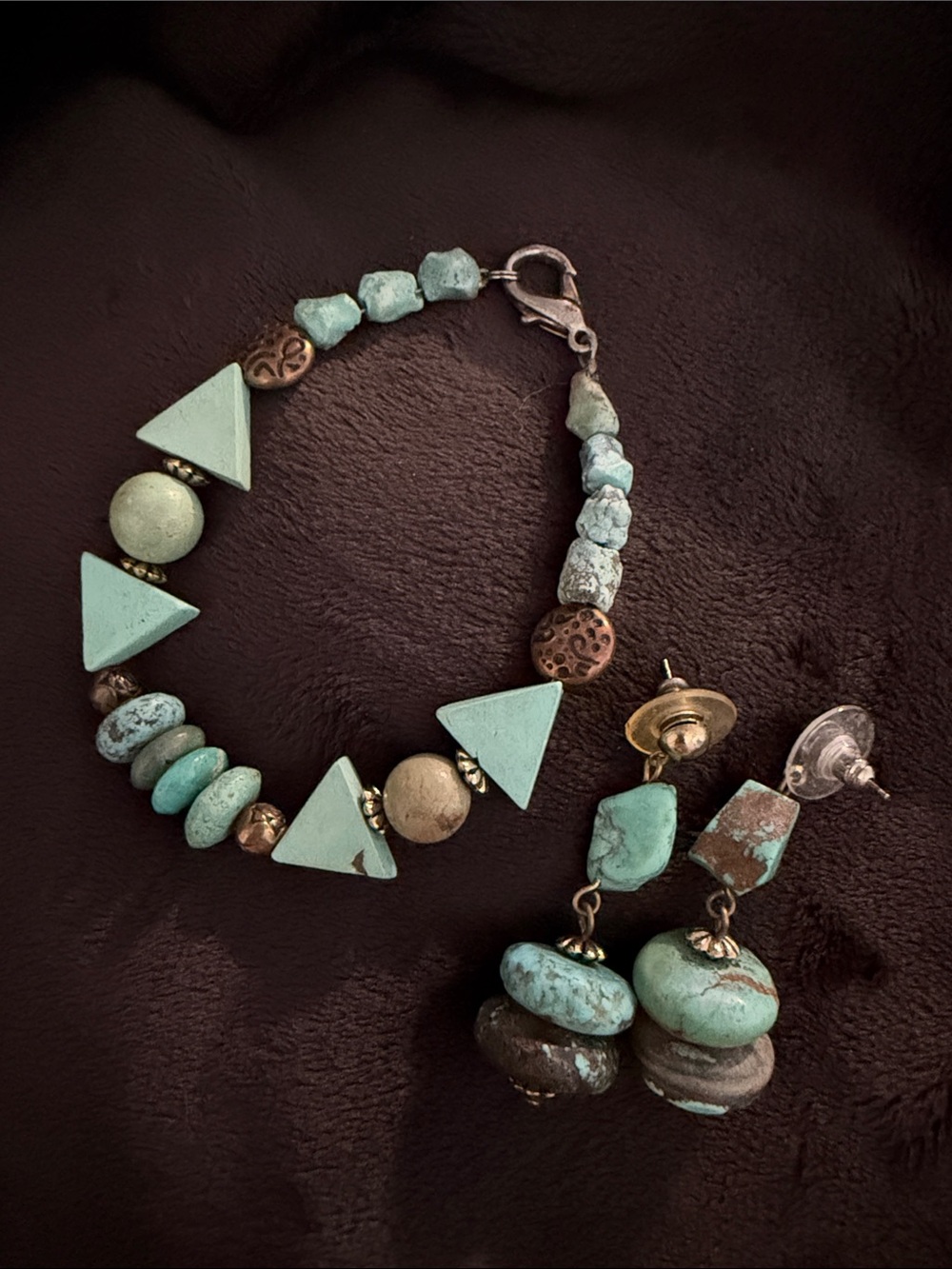 Vintage Turquoise Geometric Bracelet & Earrings - Mint Green and Bronze Accents